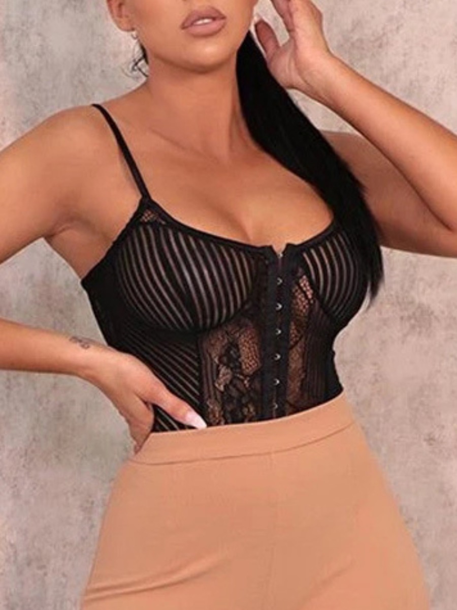 

lovely Sexy Zipper Design See-through Black Bodysuit