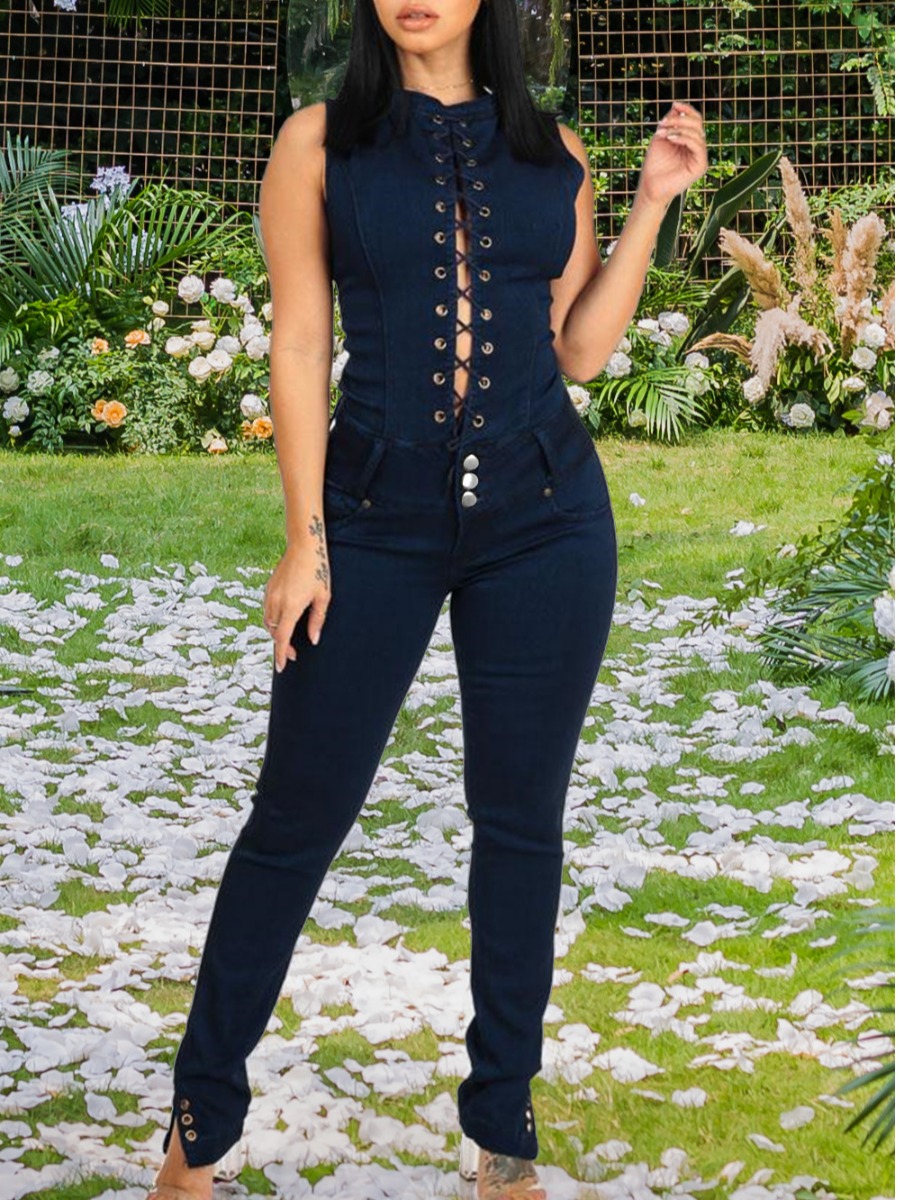 

lovely Stylish Bandage Design Deep Blue Denim One-piece Jumpsuit