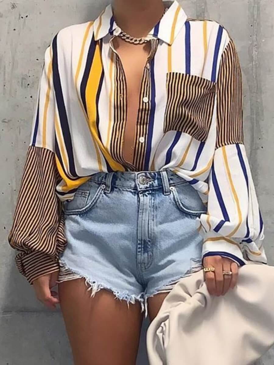 

LW Casual Turndown Collar Striped Patchwork Brown Shirt