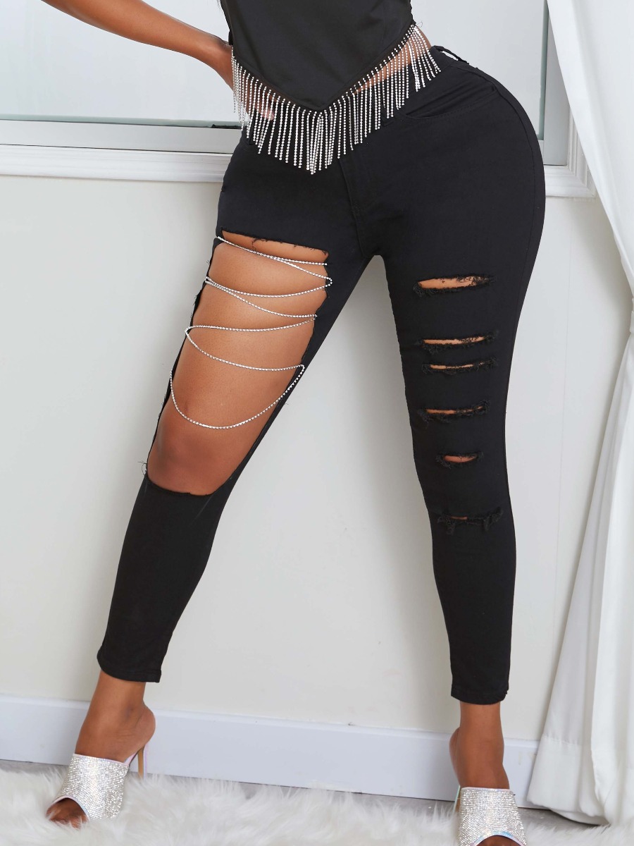 

lovely Street Hollow-out Black Jeans