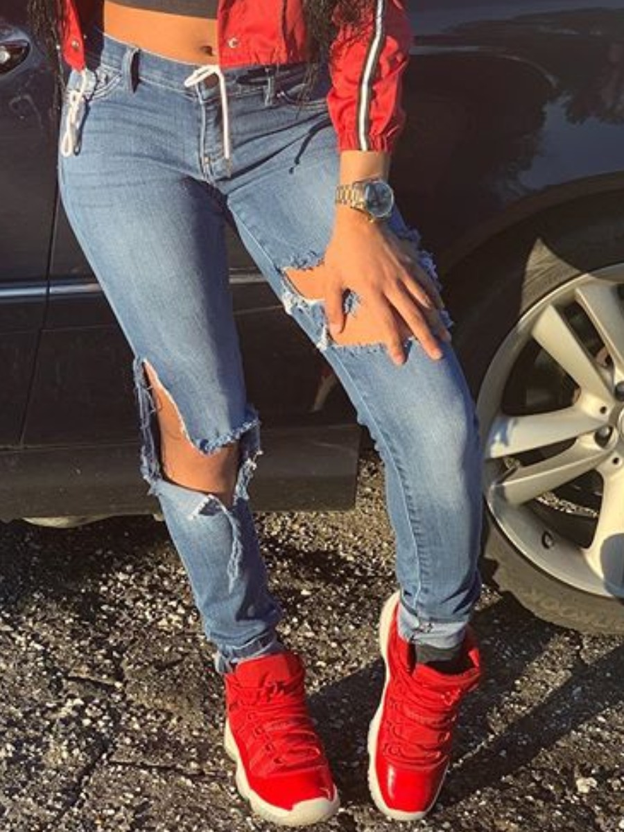 

lovely Stylish Hollow-out Blue Jeans