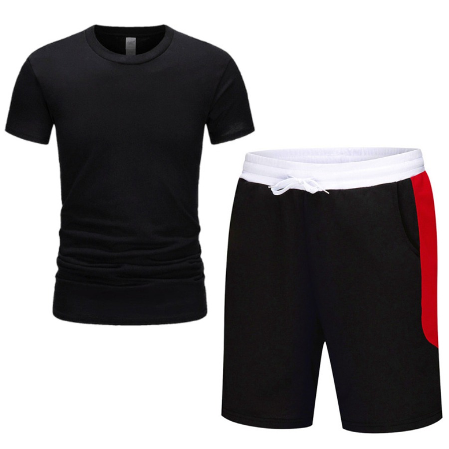 

Men lovely Casual O Neck Patchwork Black Two-piece Shorts Set