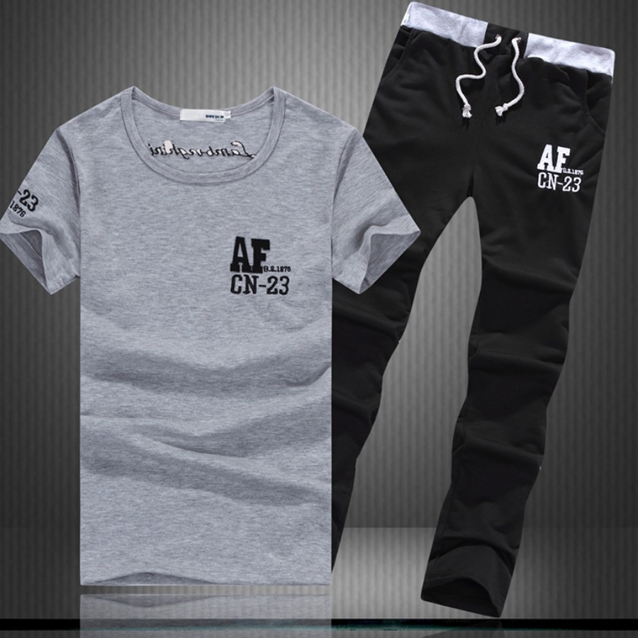 

Men Lovely Casual O Neck Letter Print Grey Two-piece Pants Set