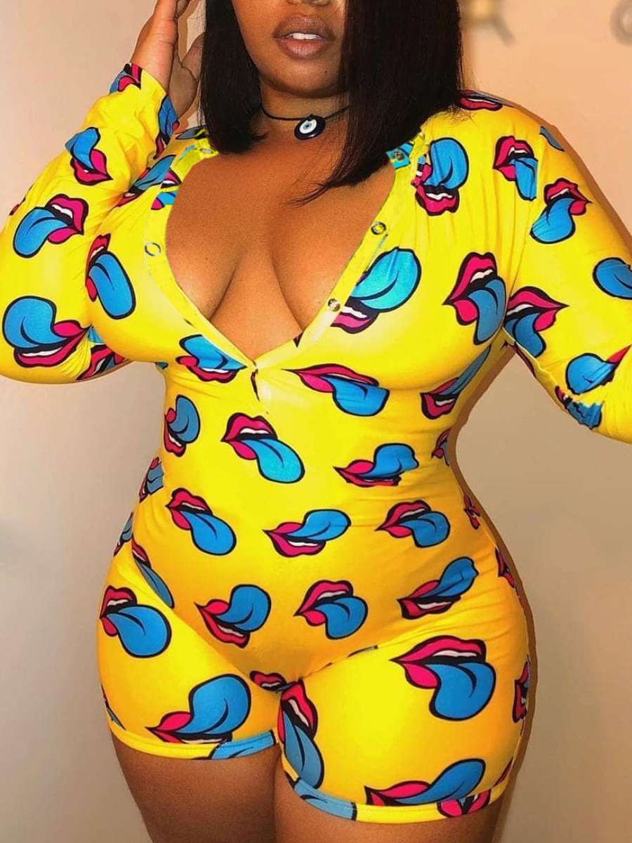 

lovely Sportswear V Neck Lip Print Yellow One-piece Romper