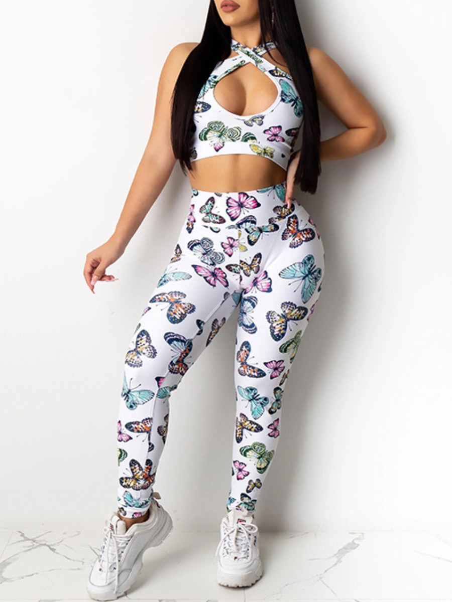 

lovely Sportswear Butterfly Print White One-piece Jumpsuit