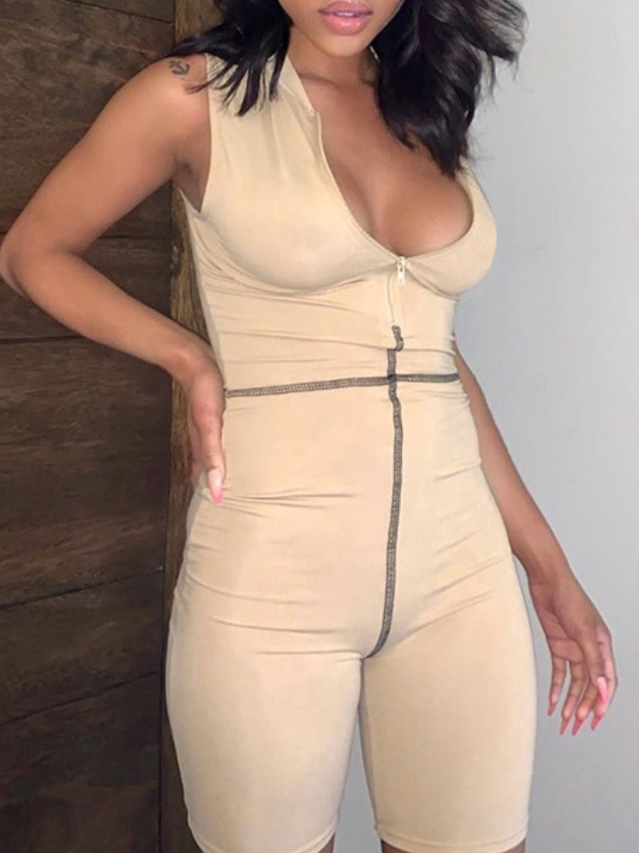 

lovely Sportswear Zipper Design Apricot One-piece Romper