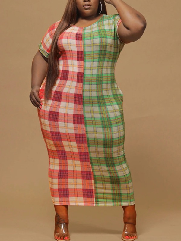 

lovely Casual O Neck Patchwork Grid Print Green Mid Calf Plus Size Dress