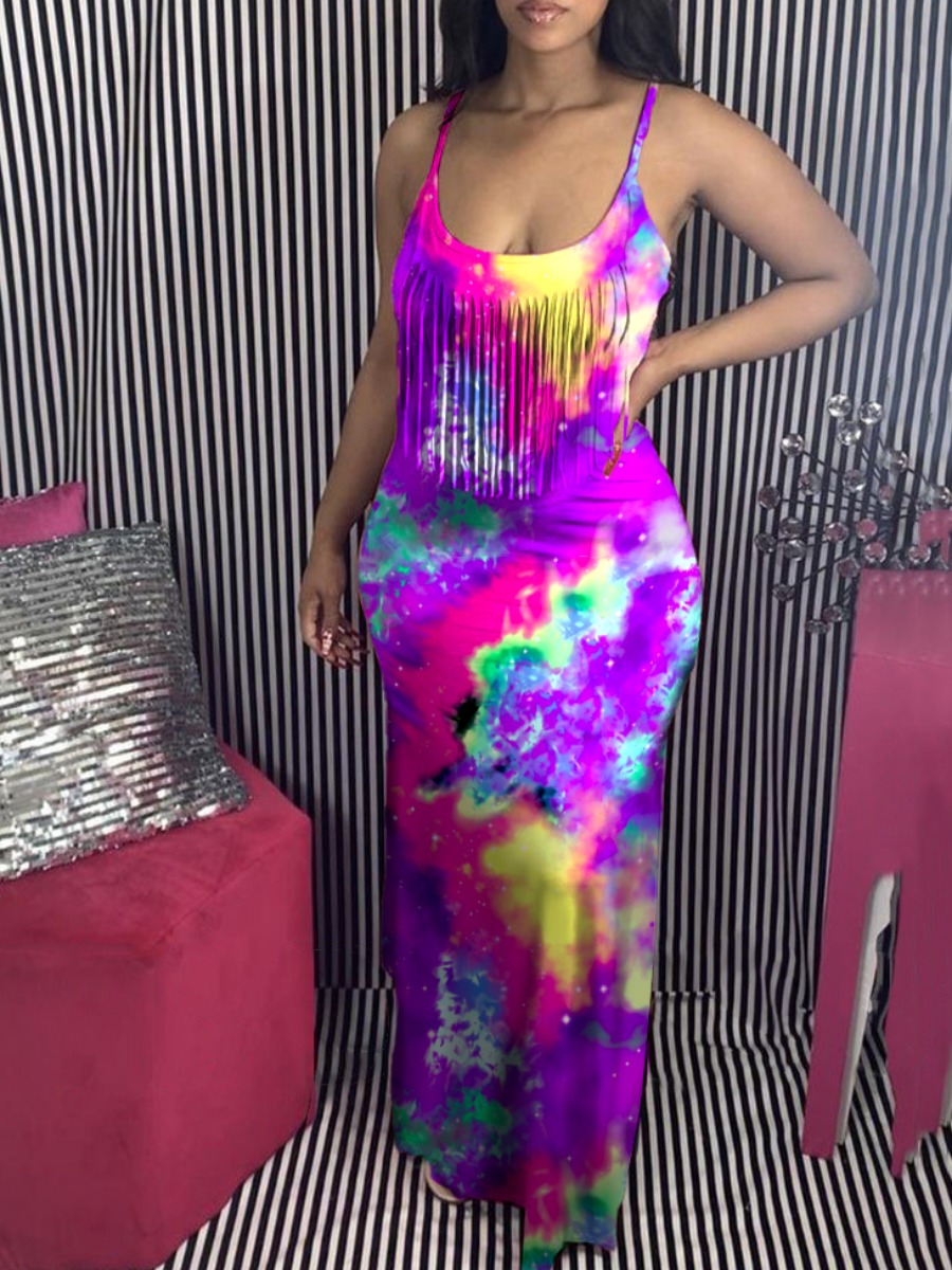 

lovely Sexy Tie-dye Tassel Design Purple Maxi Dress