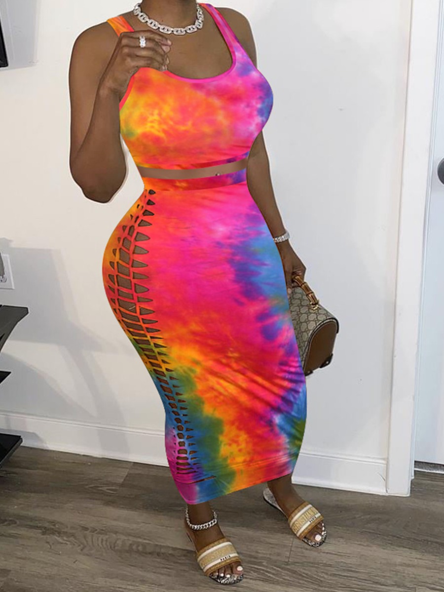 

lovely Casual Tie Dye Hollow-out Rose Red Two Piece Skirt Set