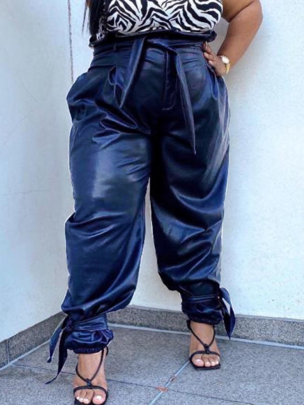 

lovely Stylish Lace-up Deep Blue Plus Size Pants