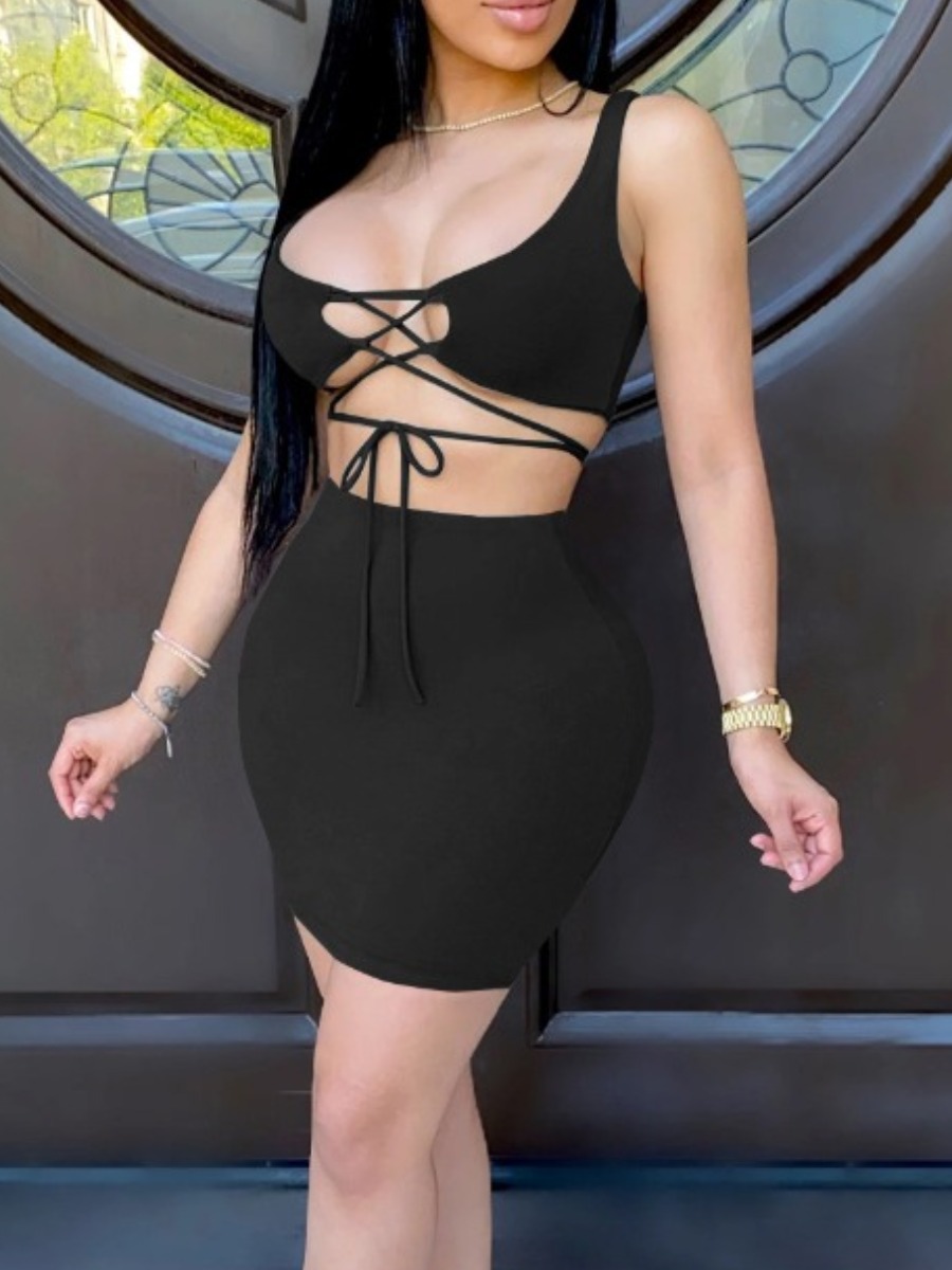 

lovely Sexy Bandage Design Black Two Piece Skirt Set