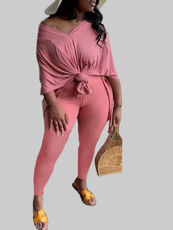 

lovely Leisure V Neck Basic Pink Plus Size Two-piece Pants Set