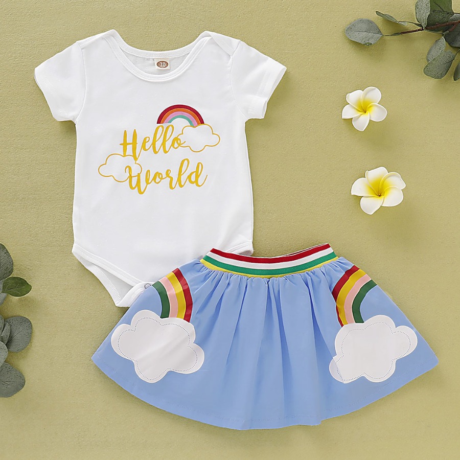 

lovely Leisure O Neck Print White Girl Two-piece Skirt Set