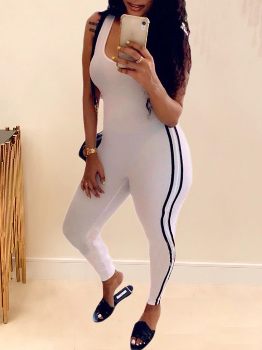 

lovely Sportswear Patchwork White One-piece Jumpsuit