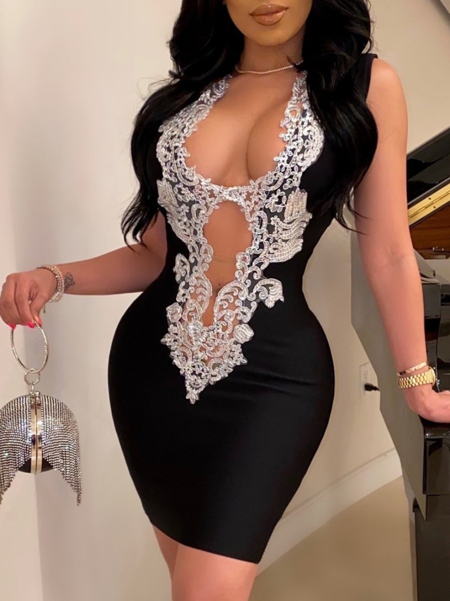 

lovely Sexy Lace Patchwork Black Knee Length Dress