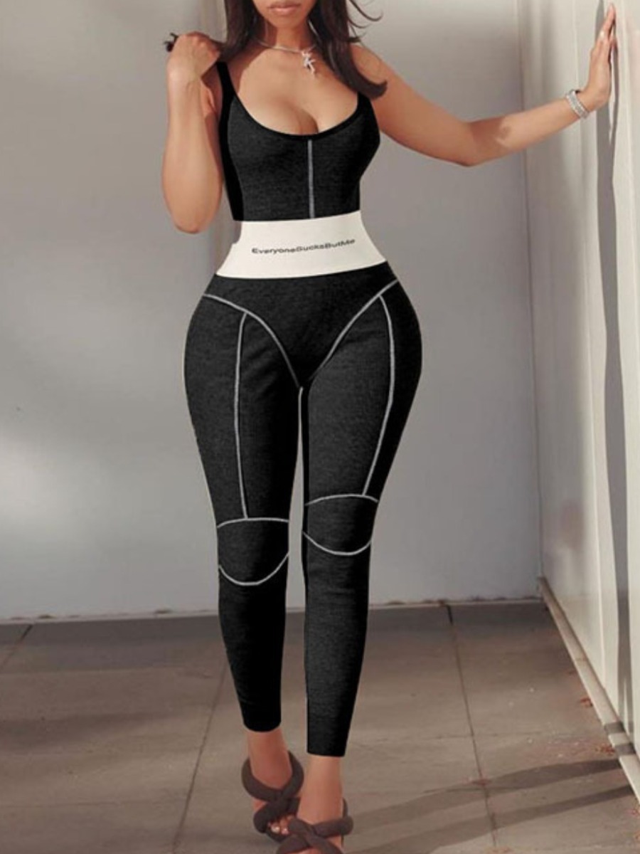 

lovely Sportswear U Neck Patchwork Black One-piece Jumpsuit
