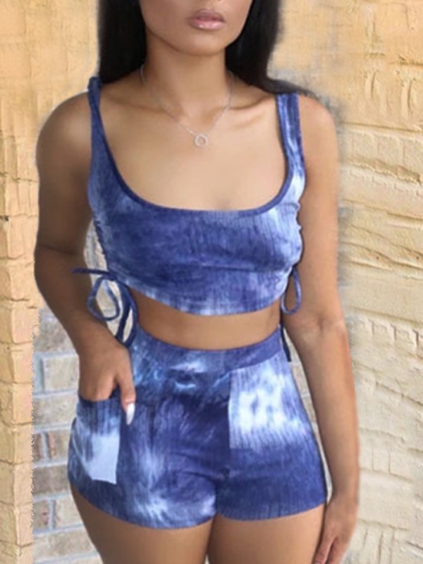 

lovely Sportswear Tie Dye Drawstring Blue Two Piece Shorts Set