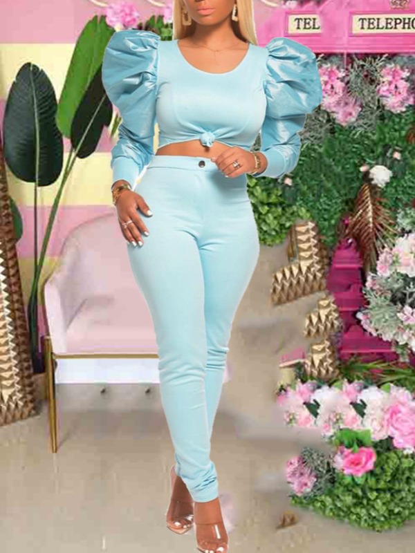

lovely Stylish Puffed Sleeves Patchwork Baby Blue Two Piece Pants Set