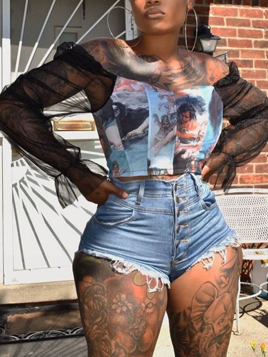 

Lovely Trendy See-through Print Black Blouse