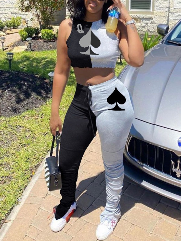 

lovely Sportswear Print Patchwork Black Two Piece Pants Set
