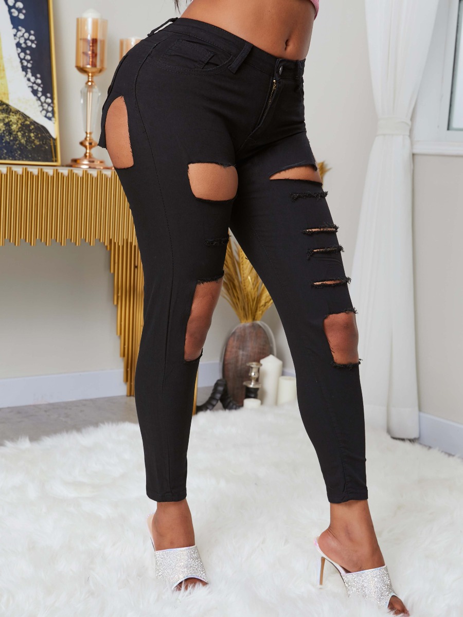 

lovely Trendy Hollow-out Black Jeans