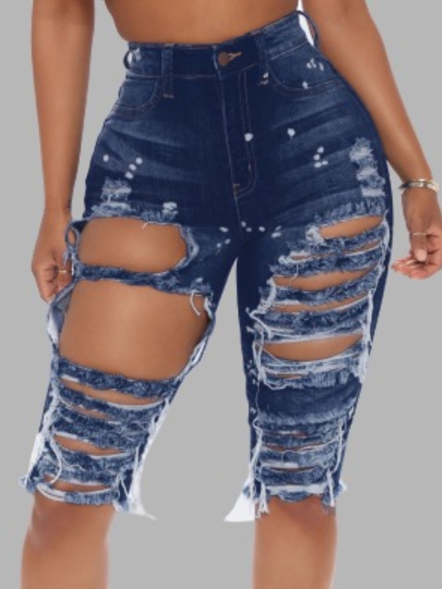 

lovely Street Hollow-out Deep Blue Denim Shorts