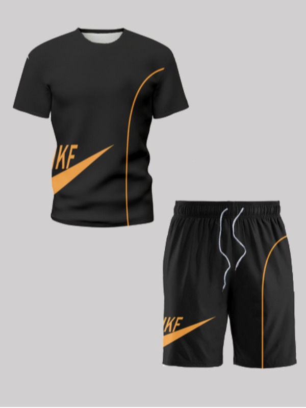 

Men Lovely Sportswear O Neck Print Black Men Two-piece Shorts Set