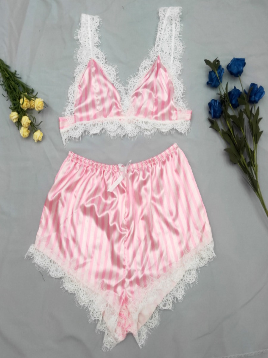 

lovely Sexy Lace Hem Striped Pink Sleepwear, Pink stripe