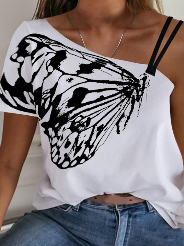 

lovely Street Butterfly Print Asymmetrical Black Plus Size T-shirt