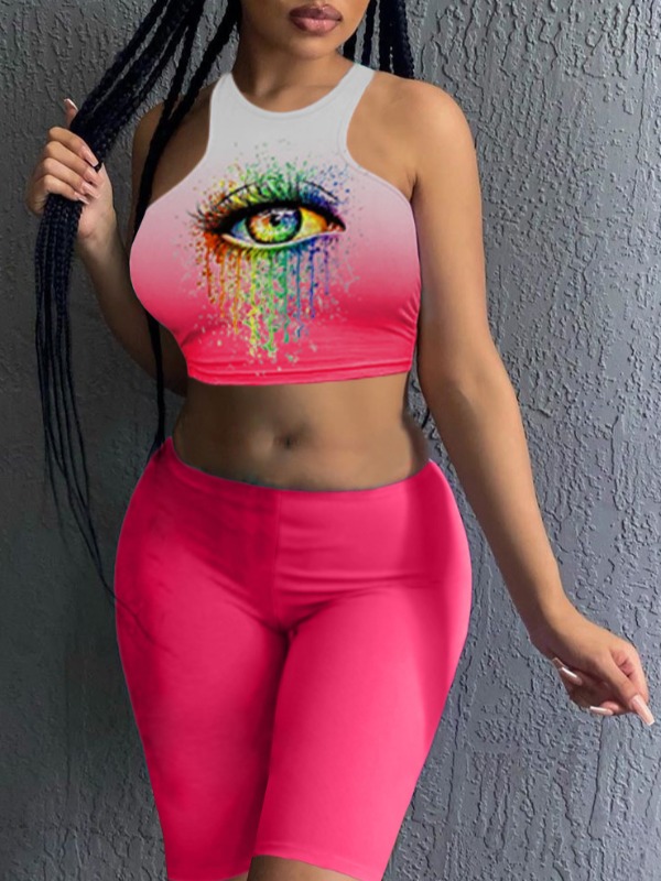 

lovely Sportswear Eye Print Rose Red Two Piece Shorts Set