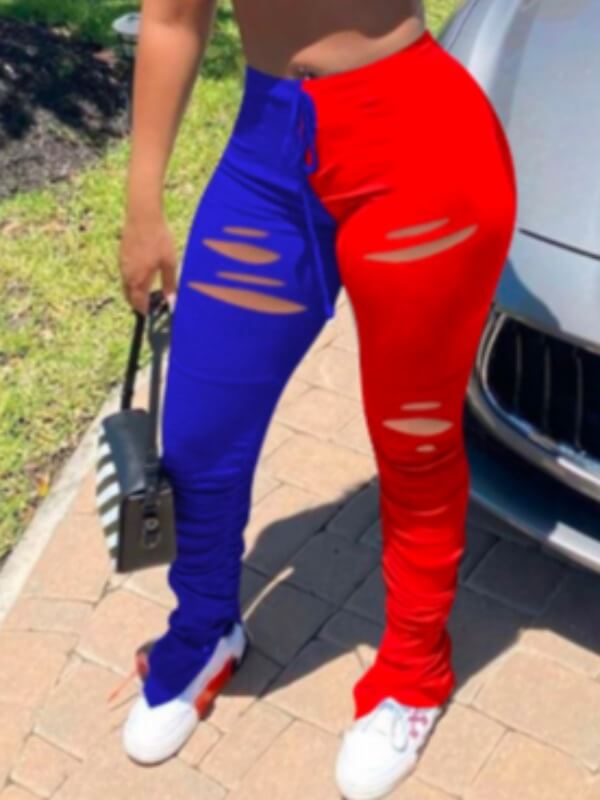 

Lovely Leisure Patchwork Hollow-out Blue Pants