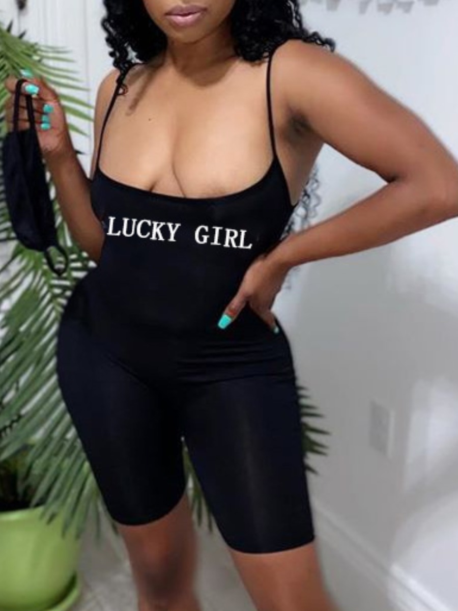 

lovely Sexy Spaghetti Strap Letter Print Black One-piece Romper