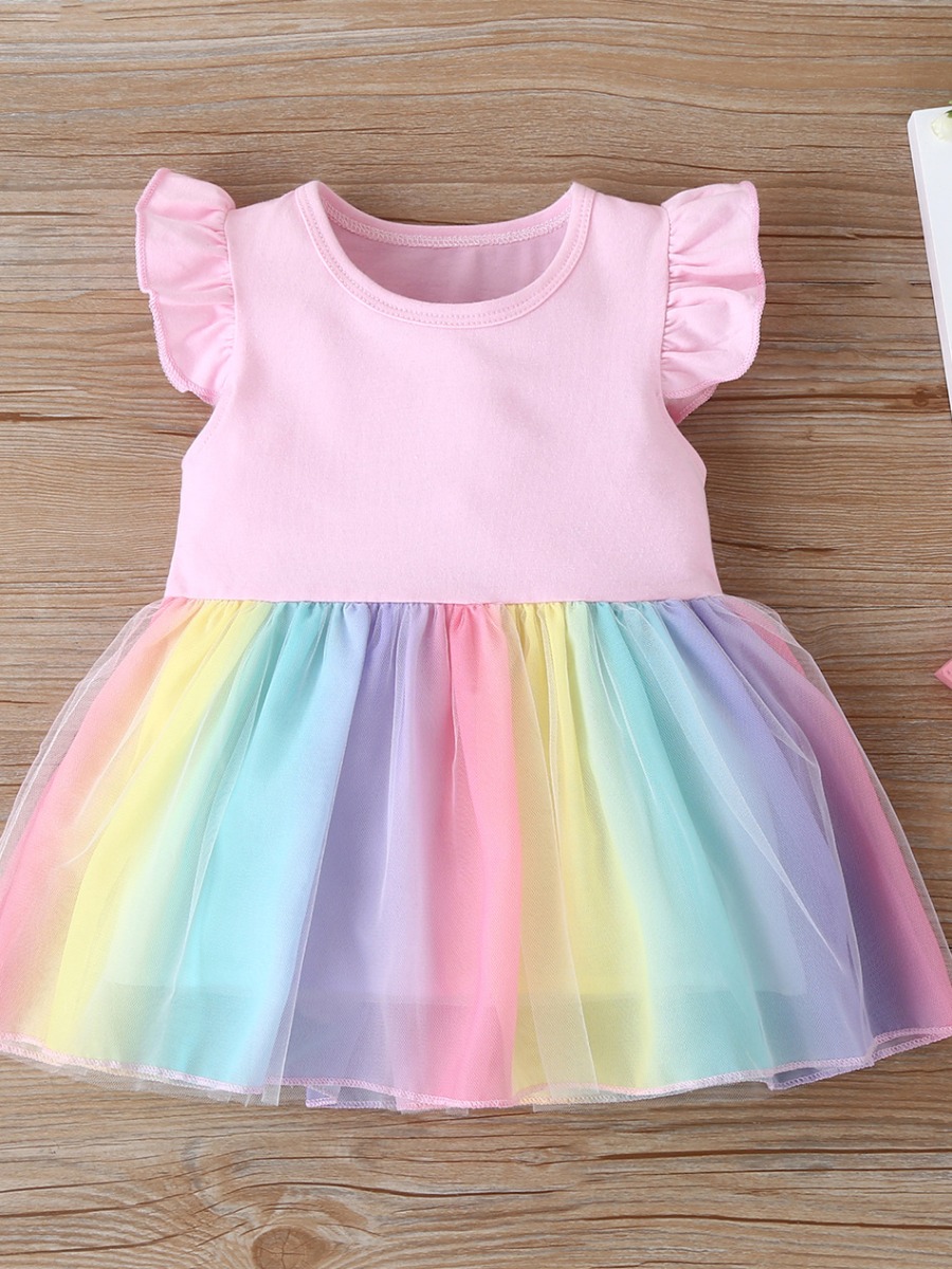 

lovely Sweet Patchwork Rainbow Striped Pink Girl Mini Dress