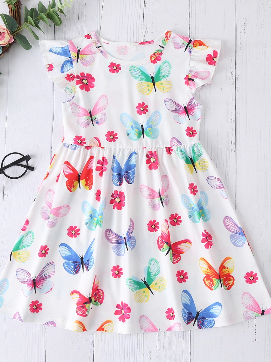 

lovely Casual O Neck Butterfly Print White Girl Knee Length Dress