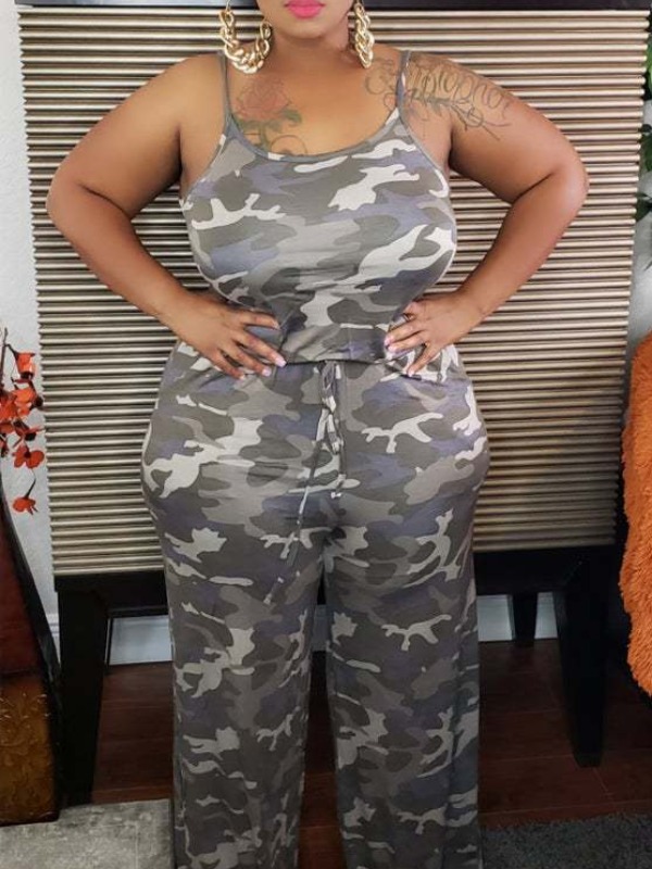 

lovely Leisure Spaghetti Strap Camo Print Plus Size One-piece Jumpsuit