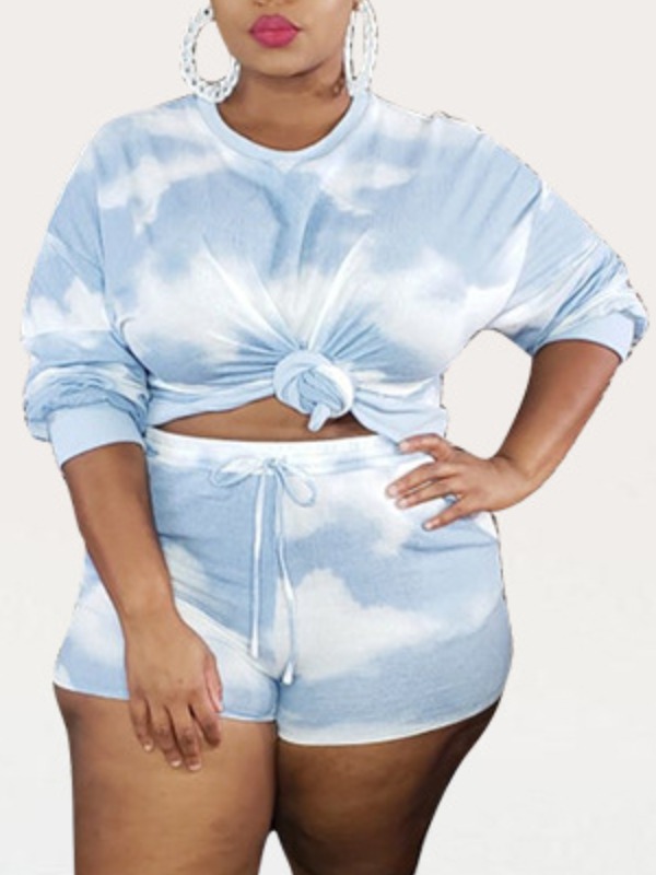 

lovely Casual O Neck Tie-dye Blue Plus Size Two-piece Shorts Set