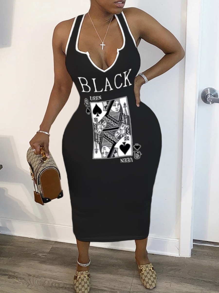 

LW Plus Size Casual Print Black Mid Calf Dress