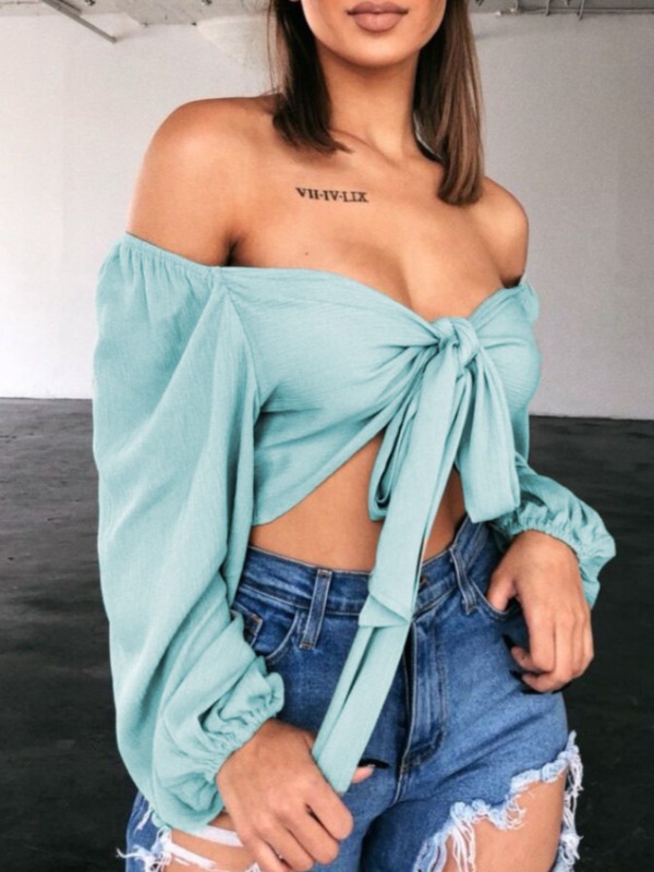 

lovely Sweet Dew Shoulder Knot Design Baby Blue Blouse