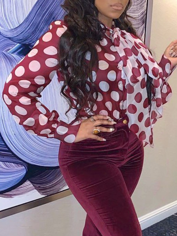 

lovely Vintage Dot Print Wine Red Blouse