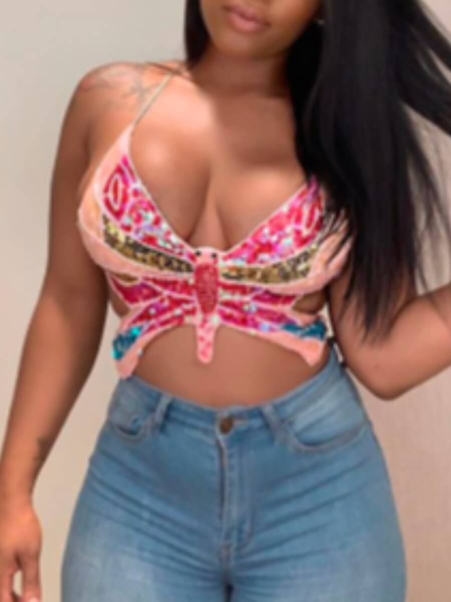 

Lovely Sexy Sequined Butterfly Rose Red Camisole