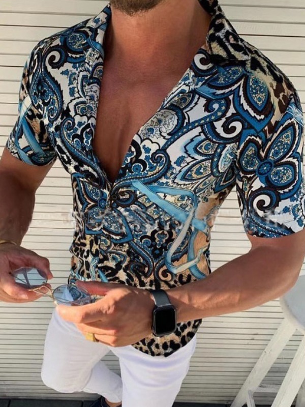 

Men lovely Bohemian Turndown Collar Print Blue Shirt