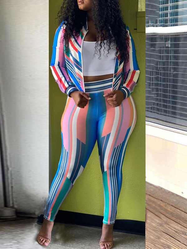 

lovely Stylish Striped Print Blue Two Piece Pants Set