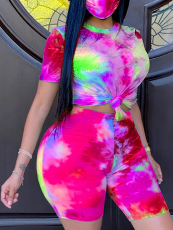 

Lovely Casual O Neck Tie-dye Rose Red Plus Size Two-piece Shorts Set