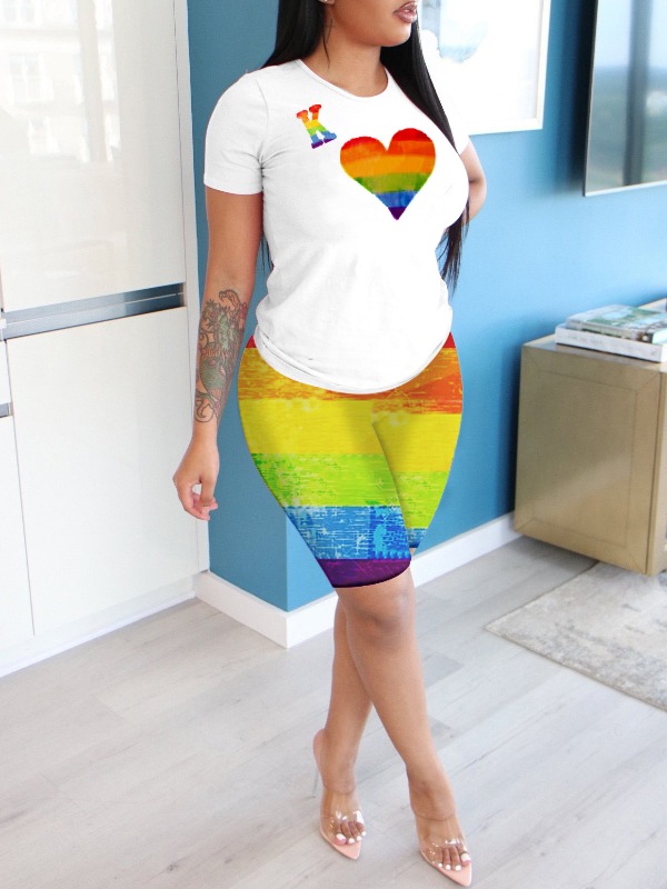

lovely Casual O Neck Rainbow Print White Two Piece Shorts Set