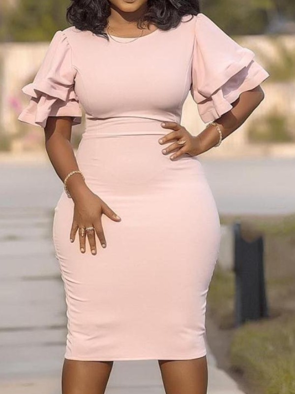

lovely Stylish O Neck Flounce Design Pink Knee Length Plus Size Dress