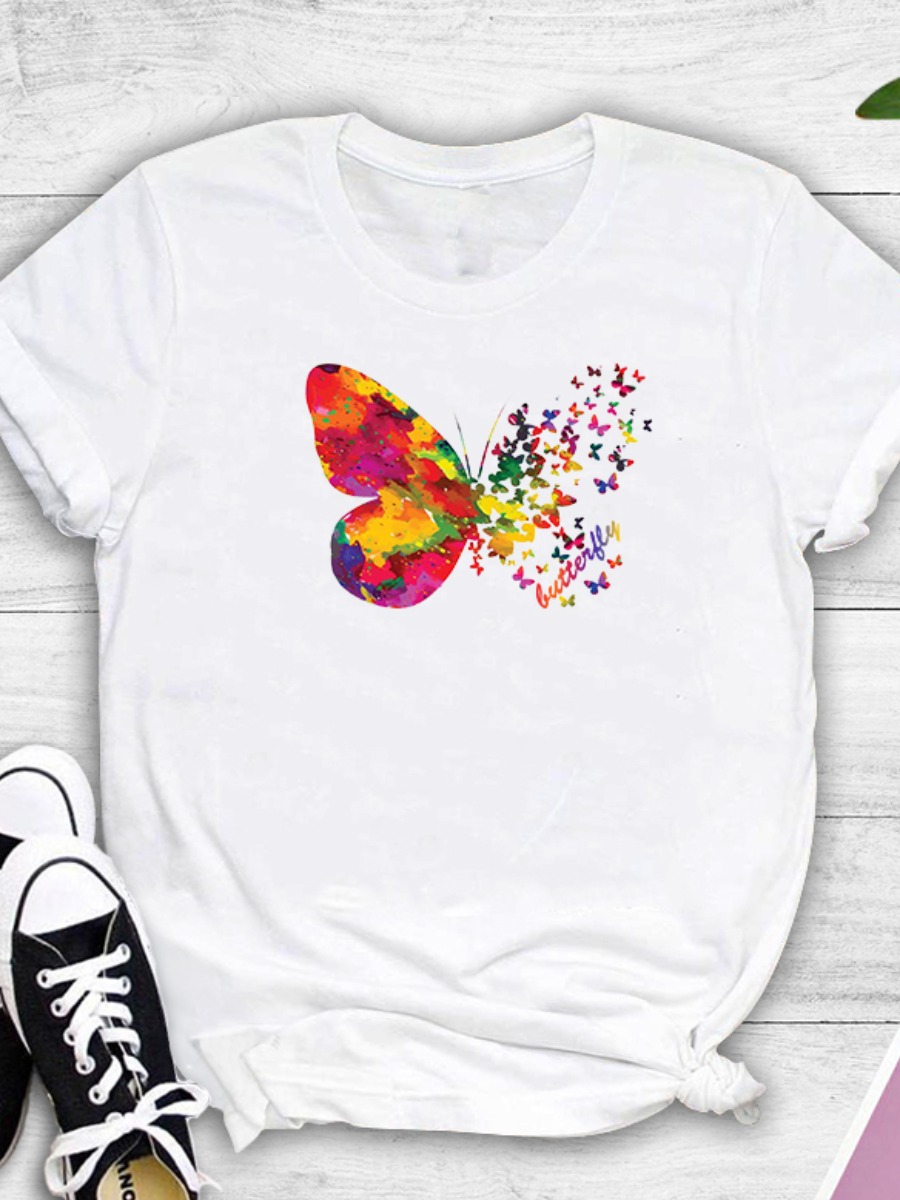 

lovely Leisure O Neck Butterfly Print White T-shirt