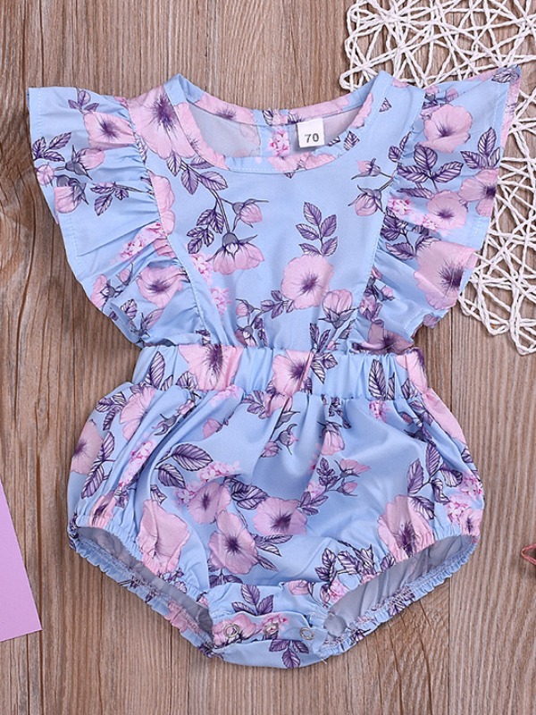 

lovely Sweet Floral Print Blue Girl One-piece Romper