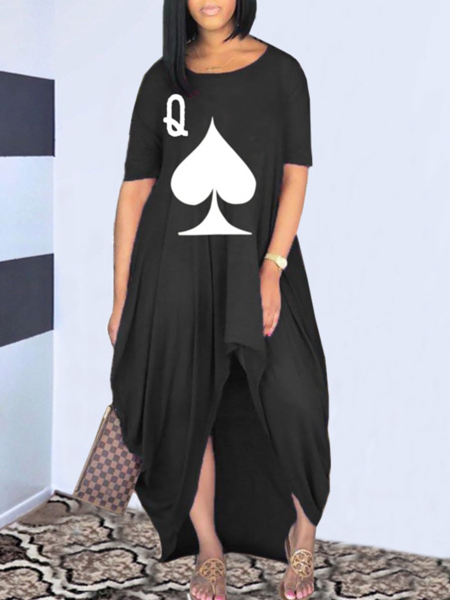 

lovely Casual Print Asymmetrical Black Maxi Dress