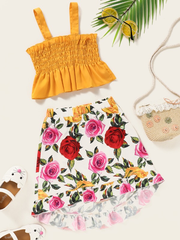 

lovely Sweet Floral Print Yellow Girl Two-piece Skirt Set