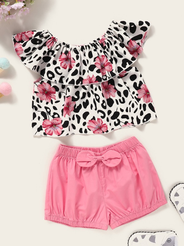 

lovely Stylish O Neck Print Pink Girl Two-piece Shorts Set